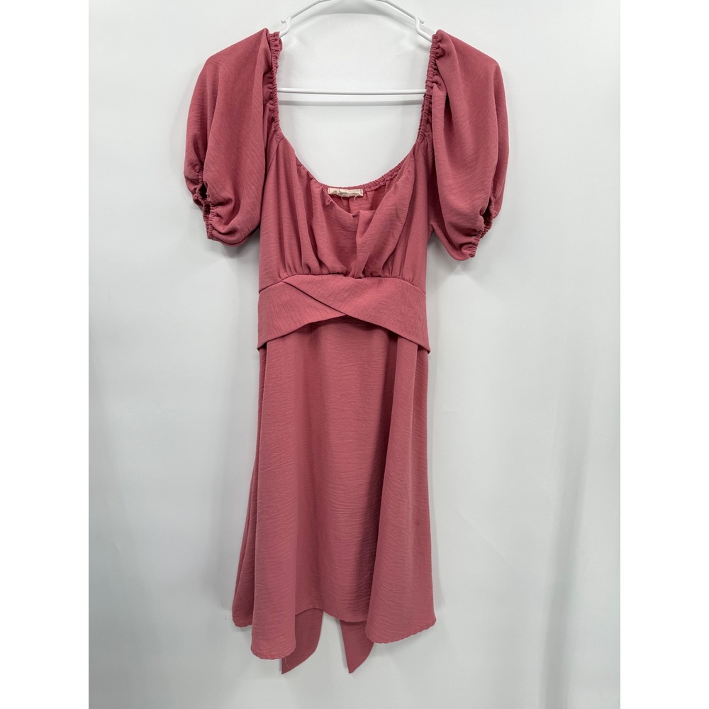Pie In The Sky Large Mini Dress Womens Pink Puff Sleeve Square Neck Tie Back